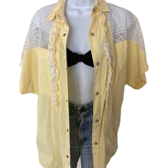 Vintage 80s Yellow Cotton Oversized Summer Beach Cottage Lace Ruffles Blouse S/M - Picture 2 of 6